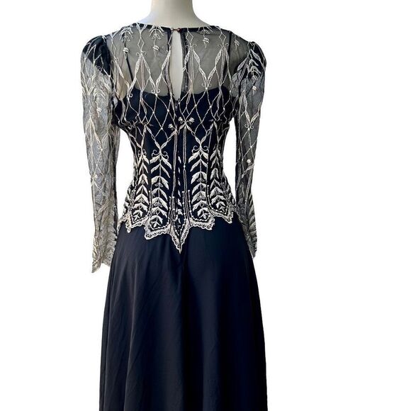 Cachet by Bari Protas Vintage Size Small Black Maxi Dress Lovely Gold Embroidery - Picture 4 of 13